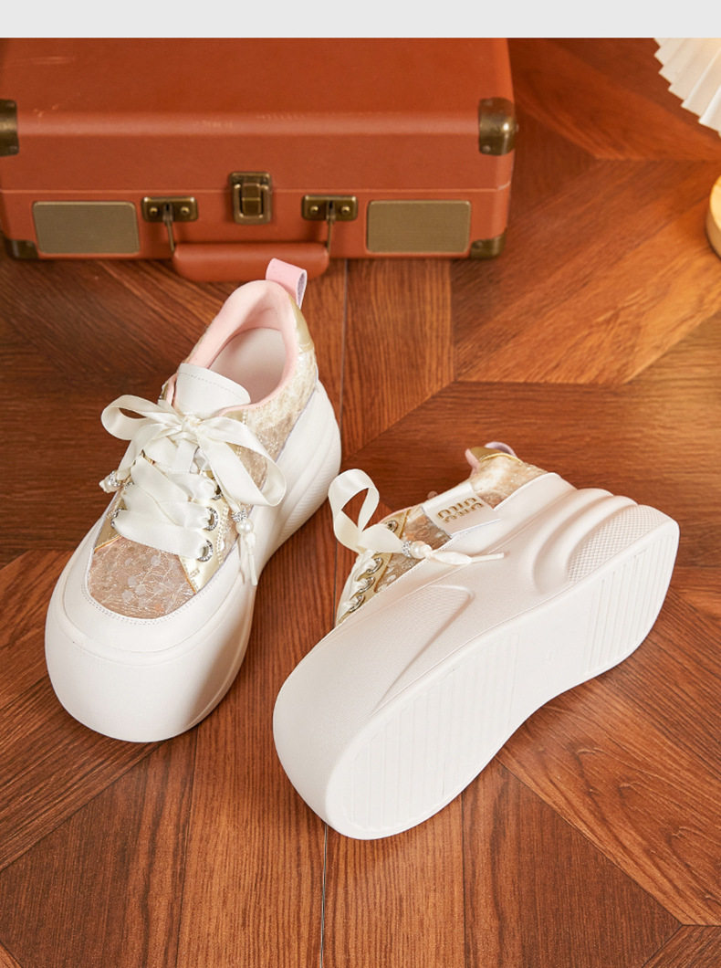 Giày sneaker nữ chunky đế dày trắng platform hở lưng — Hồng vàng, Trắng chi tiết 15