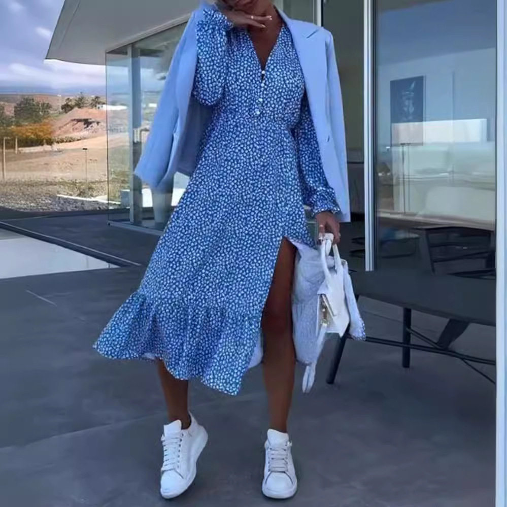 Floral Print Long Sleeve V Neck Patchwork Dress Summer Collection Casual Wear for Women OEM Available