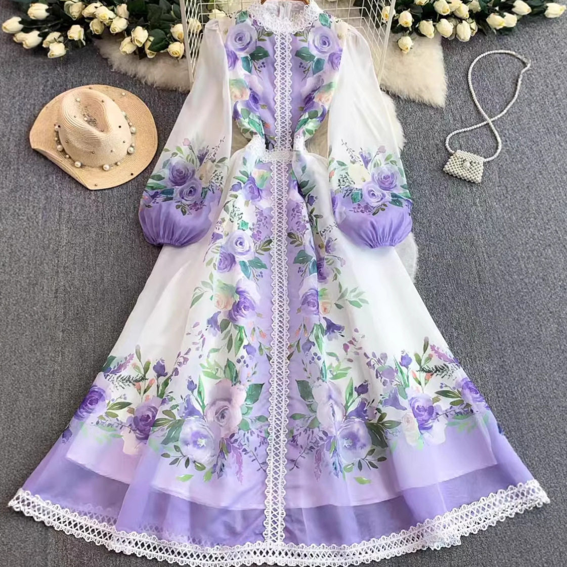 Vintage French Style Lace Printed Round Neck Dress for Women Spring and Autumn Waist Defining Flowy A Line Elegant