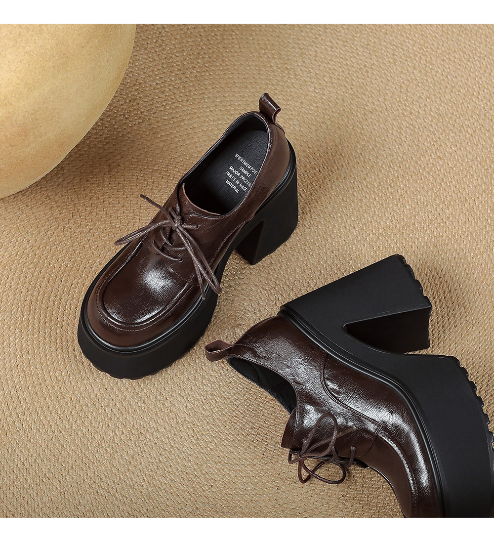 Giày lười nữ da cừu thắt dây gót cao 12cm đế xuồng — màu đen, màu nâu