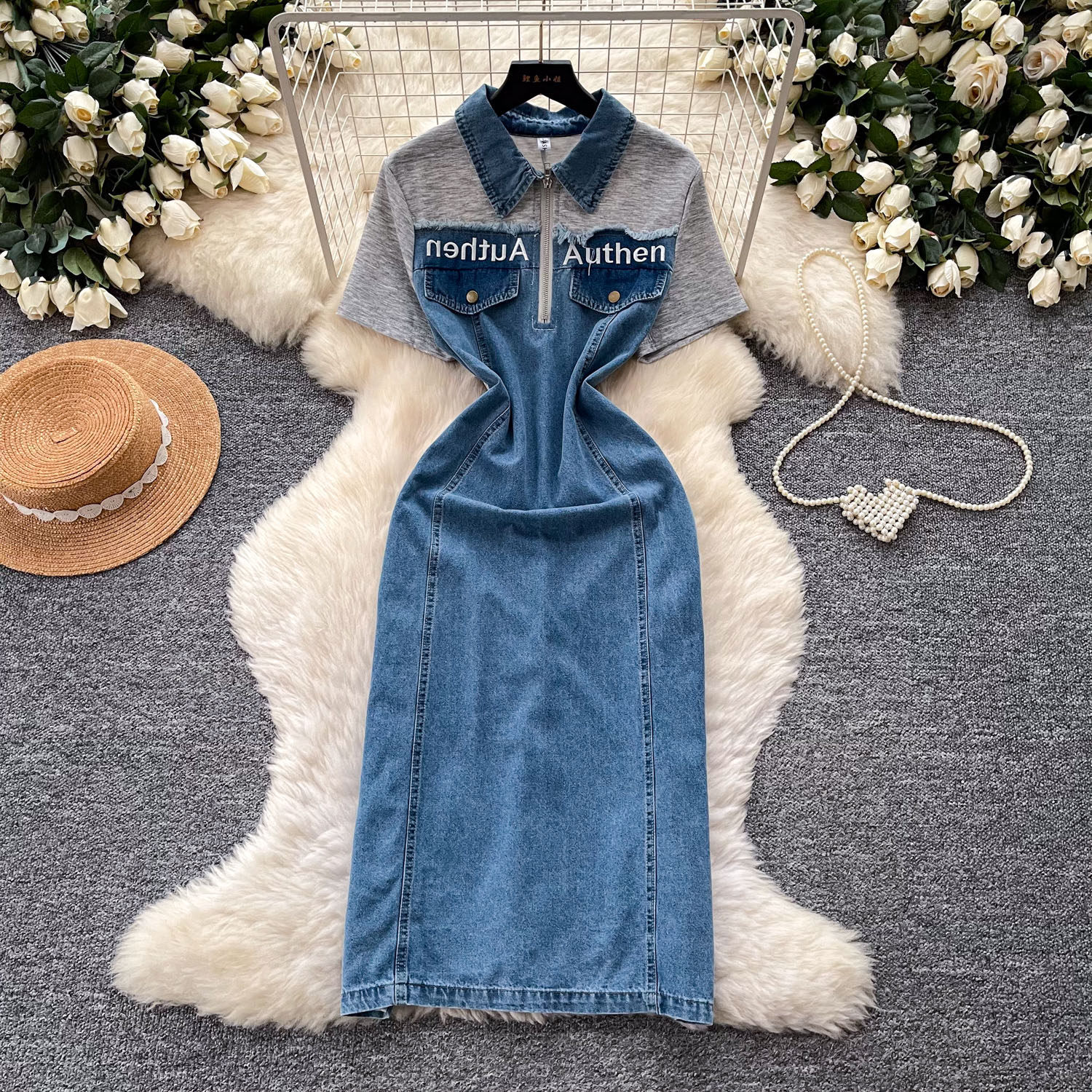 Womens Summer A Line Denim Dress Short Sleeve Waist Defining Color Block Design Perfect for Work or Casual Outings