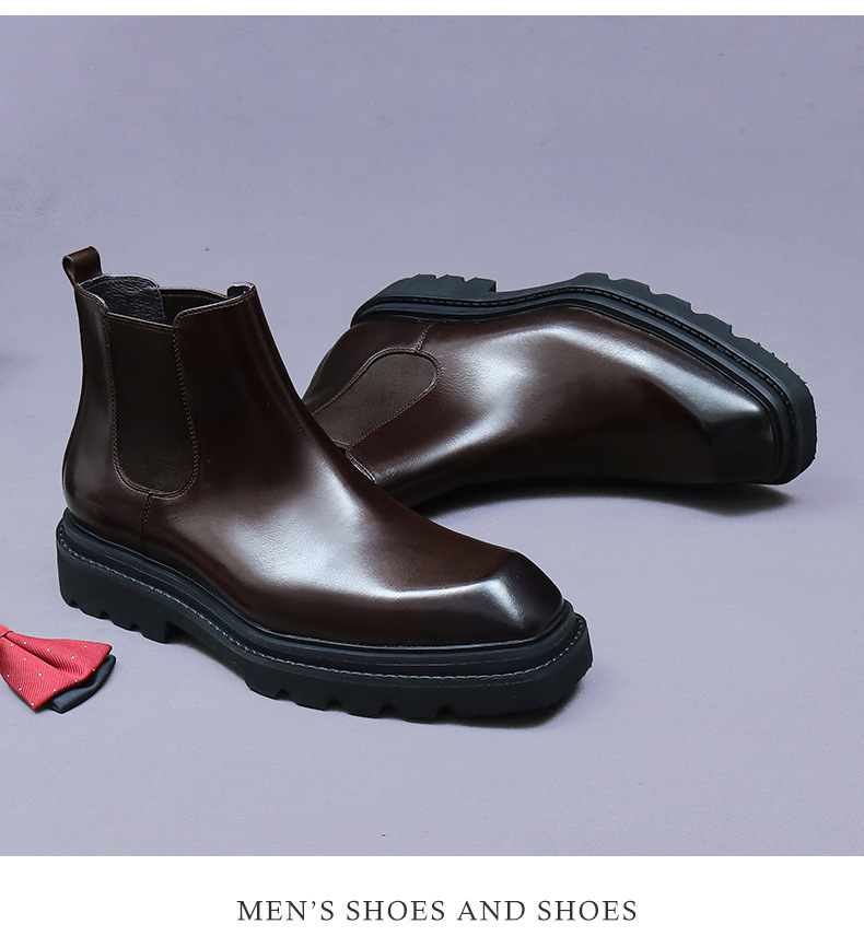 Boot Chelsea nam da bò cổ thấp đế dày phong cách công sở — Lớp lót lông cừu màu nâu cà phê, Màu đen, Lót lông cừu màu đen, Màu cà phê