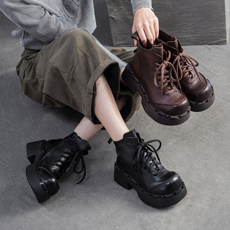 Giày Boot Martin Nữ Tăng Chiều Cao Đế Cao Hàng Mùa Xuân Thu Đông Phục Cổ Cổ Điển