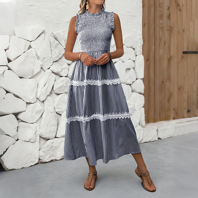 Summer Sleeveless Dress Sweet Lace Trim Striped Pattern Casual Style Perfect for Warm Weather Occasions Wholesale