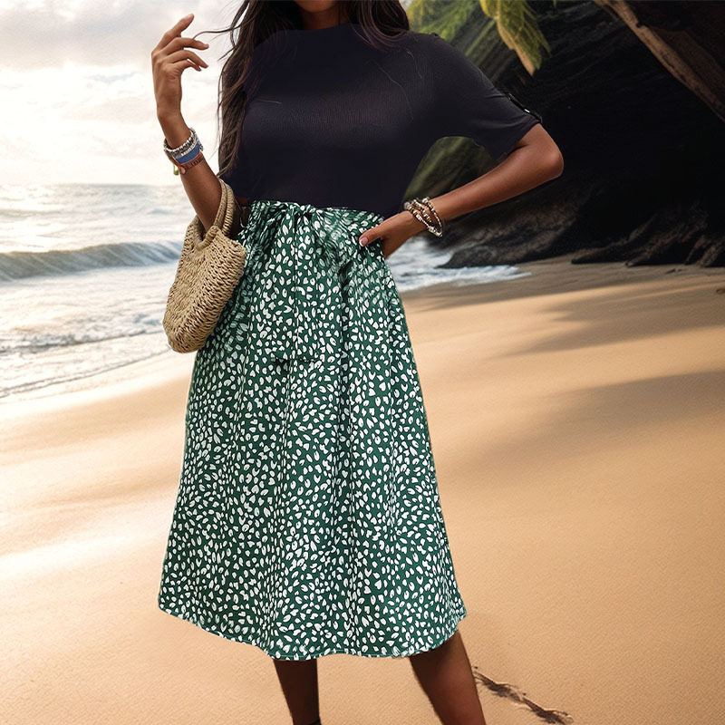 Summer Elegant Color Block Leopard Print Dress Half High Neck Fresh Style Versatile for Casual or Party Wholesale