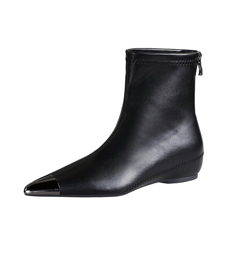 Boot nữ cổ thấp mũi nhọn khóa kéo sau, gót thấp lót lông giữ ấm — Đen lót một lớp, Màu đen lót nhung