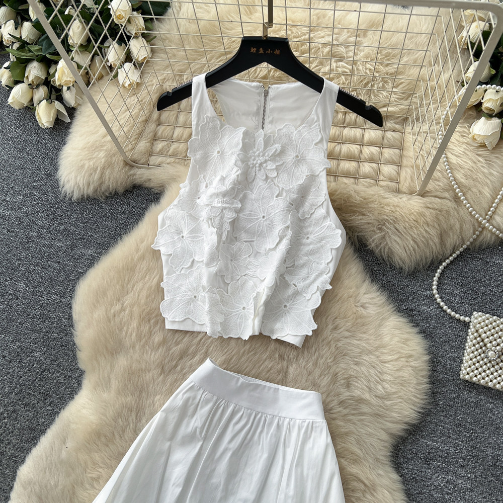 French Sweet Style Blue Vest and High Waisted Cake Skirt Two Piece Set for Women Summer Office Wear Slim Fit Elegant
