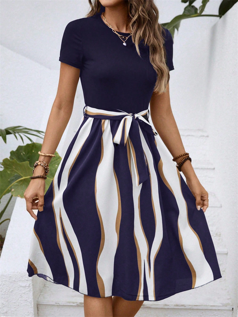 Women's Printed Colorblock Elegant Casual Office Belted
