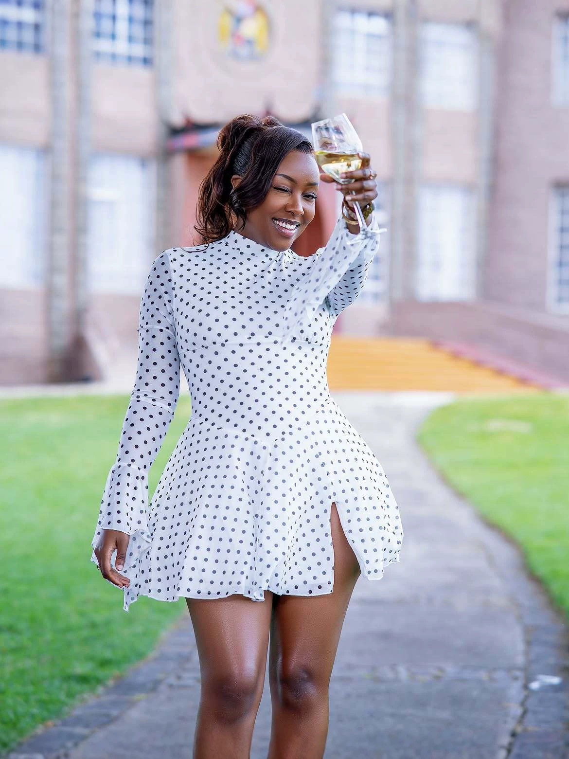 temperament elegant slim backless polka dot round neck slit short dress