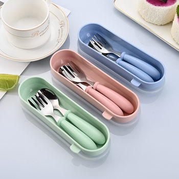 Cross-Border 304 Stainless Steel Children's Portable Cutlery Gift Box Round Handle Baby Feeding Fork and Spoon Set High-Value Soup Spoon