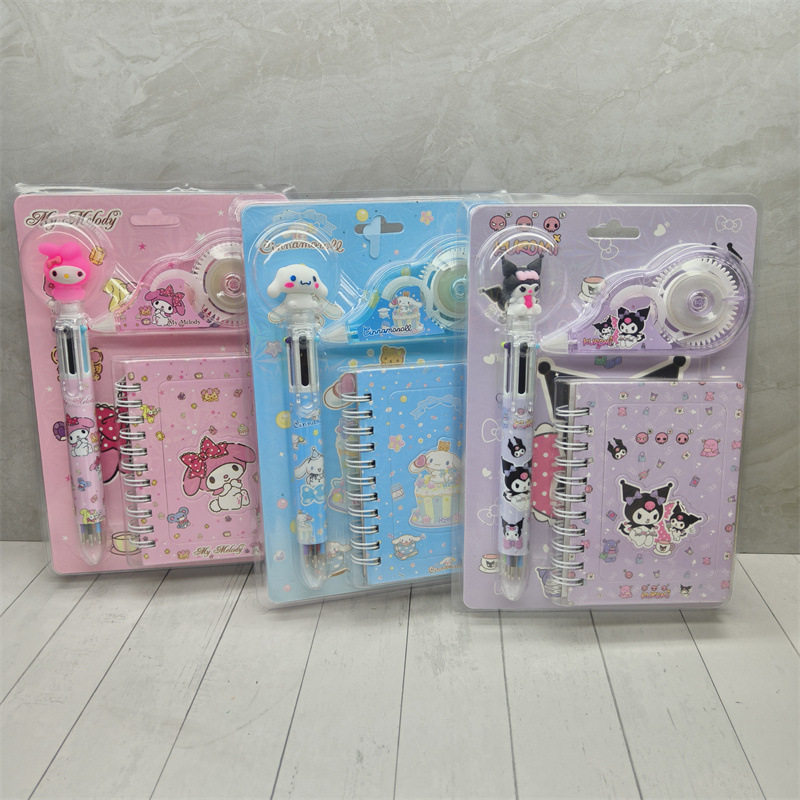 Foreign Trade Sanrio Six-Color Ballpoint Pen Stationery Set Big-Eared Dog Correction Belt Cute Kuromi Coil Book Combination