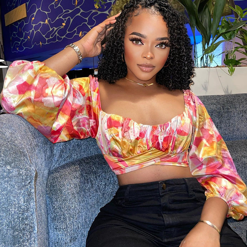 Fashionable Floral Print U Neck Lantern Sleeve Cropped Top for Women Spring Style Wholesale Available