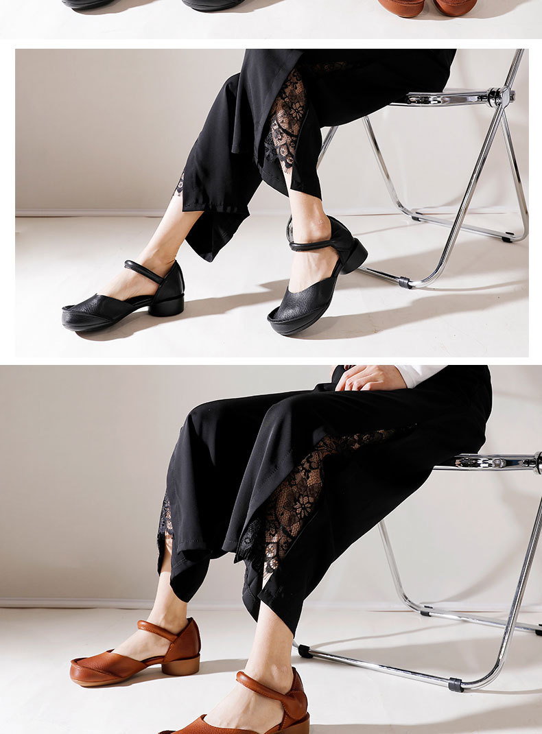 Giày sandal nữ quai ngang gót thô bọc mũi bằng da bò thật, đế mềm thủ công — Màu đen, Màu nâu
