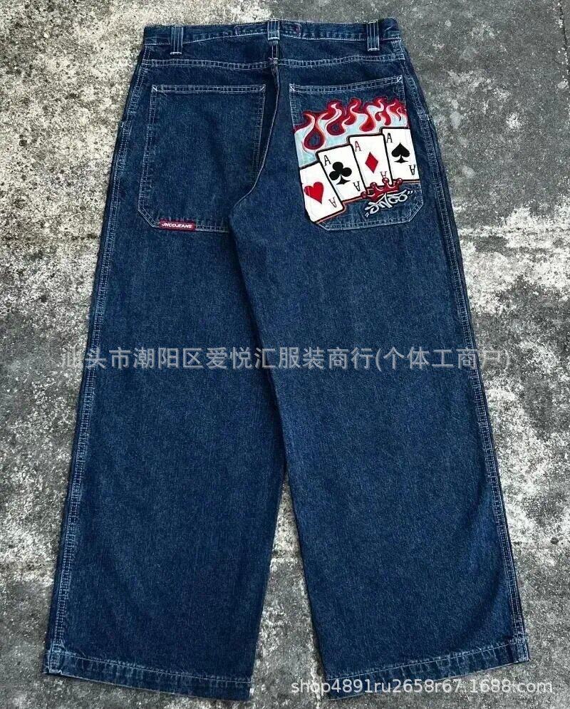 2024春秋季新款跨境美式潮牌复古水洗Y2K刺绣嘻哈图案男式牛仔裤