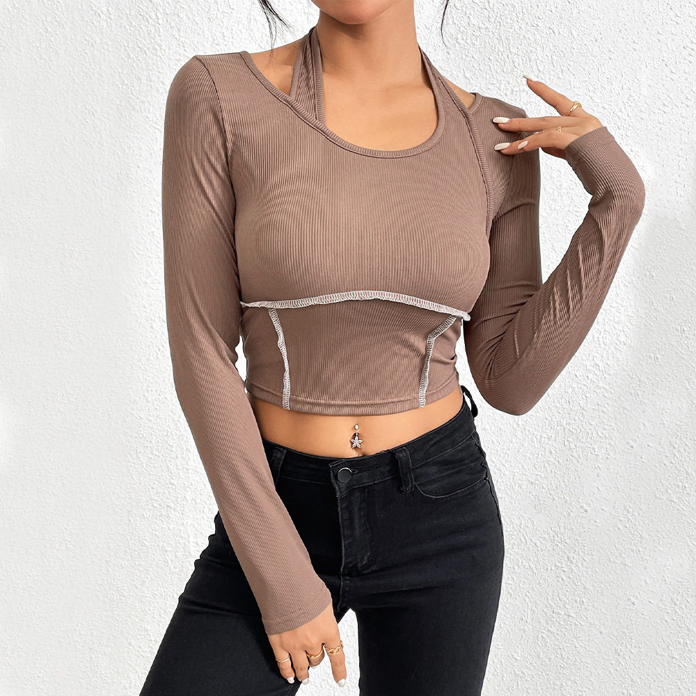 Womens Fitted Knit Long Sleeve T Shirt Exposed Stitching Halter Neck Stylish Design Autumn Winter Fashion Top
