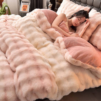 Winter Thickened Rabbit Plush Bed Four-Piece Set Milk Velvet Bed Bed Sheets Quilt Cover Double-Sided Velvet Three-Piece Set Warm Flannel