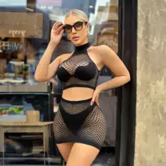 European and American sexy hollow bikini suit fishing net sexy lingerie women's pure desire beach coat hip skirt pajamas