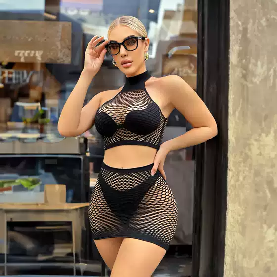 European and American sexy hollow bikini suit fishing net sexy lingerie women's pure desire beach coat hip skirt pajamas