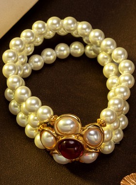 中古vintage串珠手链女华丽珍珠松石波西米亚风复古玻璃水晶手链