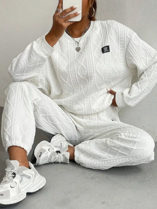 Amazon 2024 autumn and winter new European and American cross-border women's jacquard long sleeve casual crew neck sweater pants suit