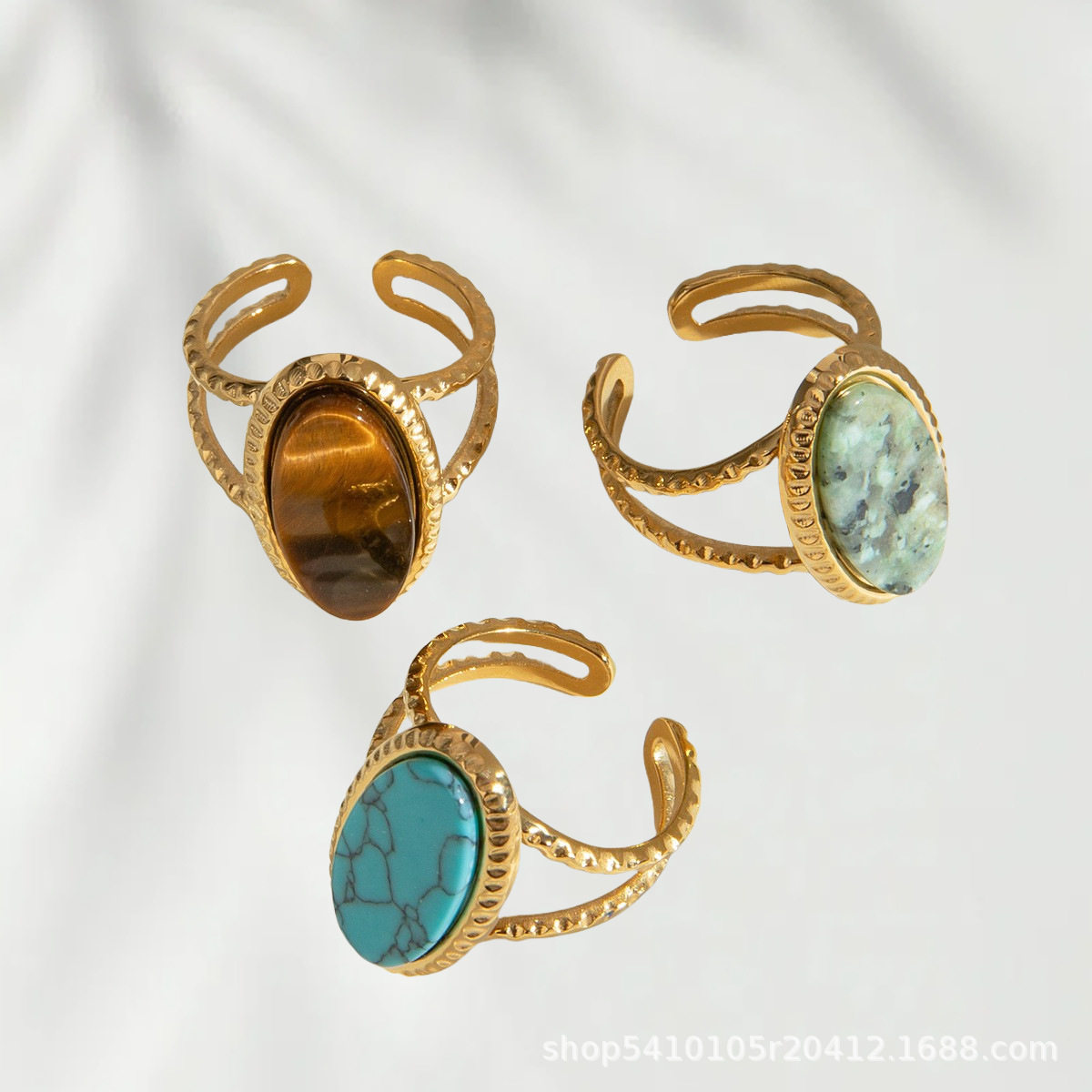 European and American Oval Blue Turquoise Tiger Eye Stone African Pine Adjustable Open Ring Women's Niche Accessible Luxury Model Ai