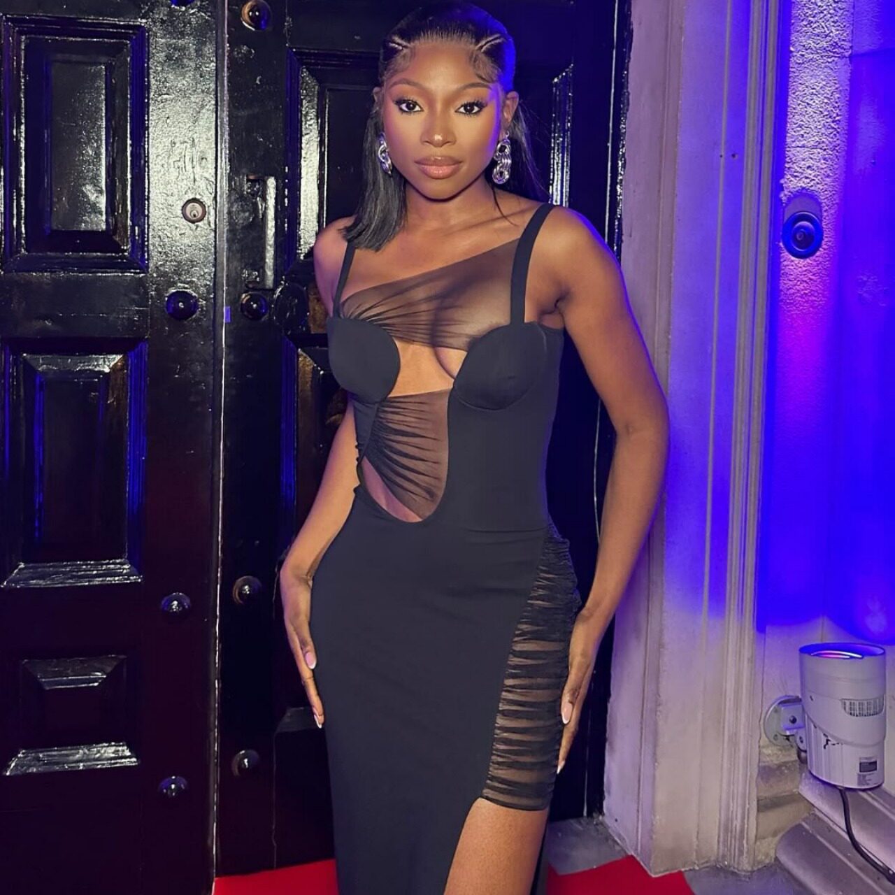 Sleeveless Mesh Panel Midi Dress Solid Color Hollow Out Side Slit Bodycon Fit Evening Wear Party Dress