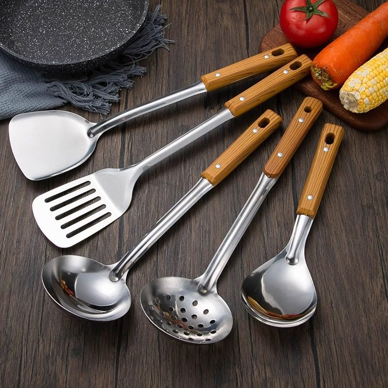 Stainless steel anti-scald handle spatula soup spoon colander imitation wood grain kitchenware suit kitchen household stir-frying spatula thickened