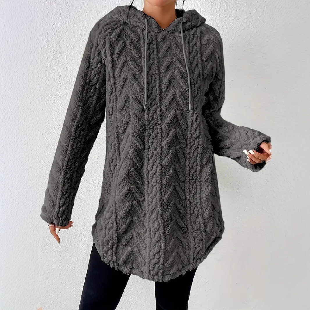 Hooded Long Sleeve Pullover Sweater Slim Fit Drawstring Plush Fabric Solid Color Fall Fashion for Women Wholesale