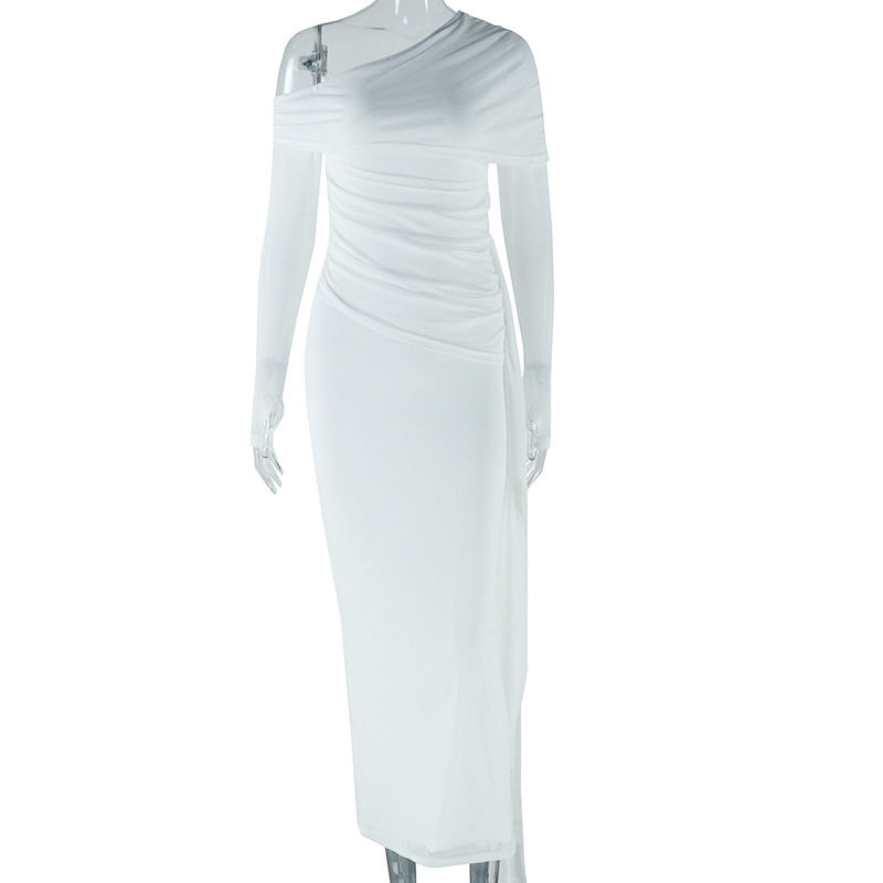 Elegant Womens Dress Solid Color Off Shoulder Long Sleeve Mesh Panel Fashionable for Parties or Casual Events