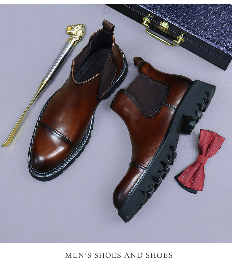 Giày boot nam cổ thấp da bò thật đế dày kiểu công sở — Màu đen, Màu cà phê
