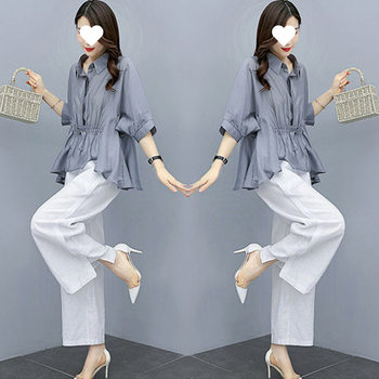 Fashionable Cotton and Linen Women's Suit, Stylish Autumn and Summer New Elegant Slimming Trendy Age-Reducing Linen Wide-Leg Pants Two-Piece Set