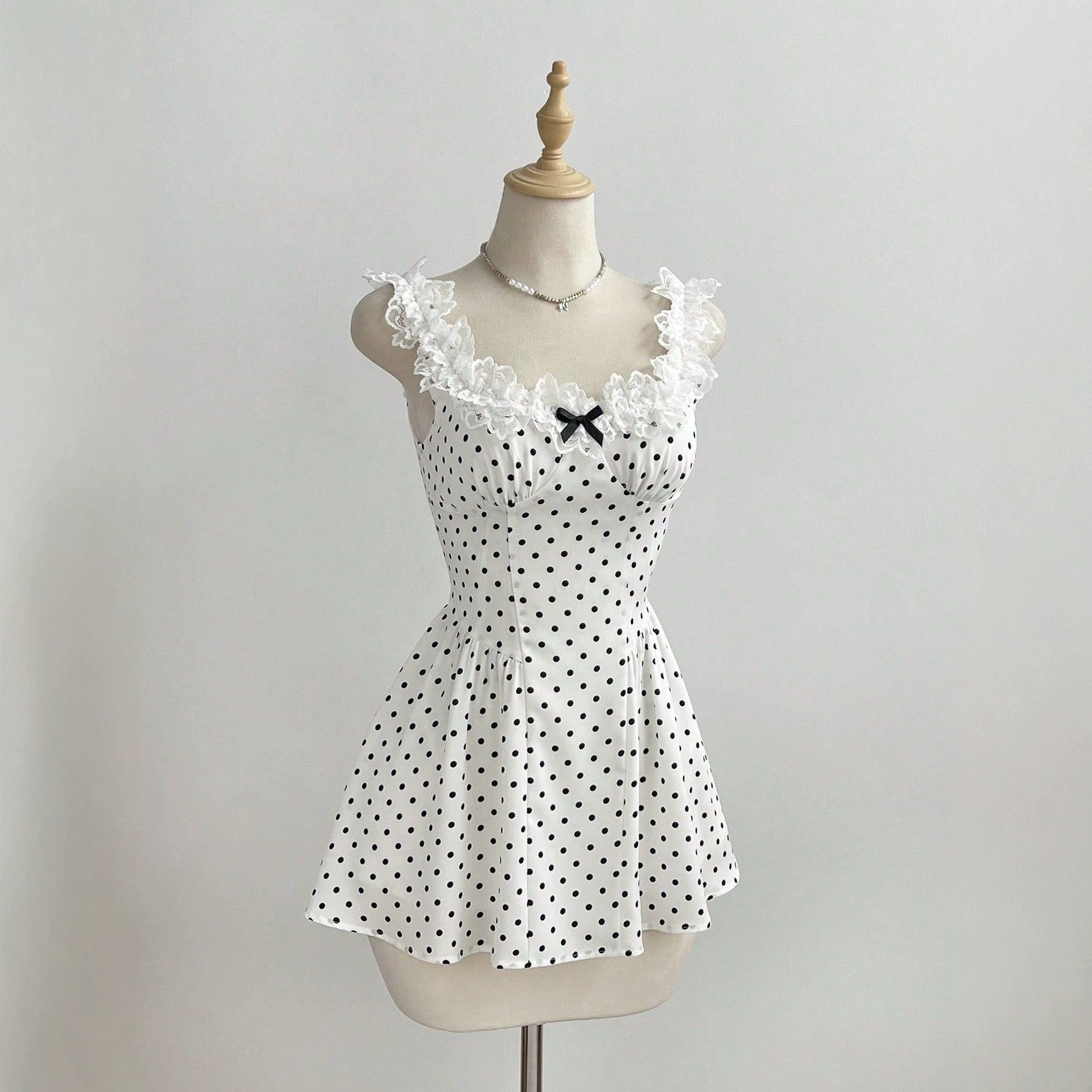 Mini A Line Dress Lace Trim Polka Dot Bow Detail Casual Wear for Women Ready to Ship fast shipping