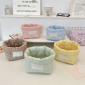57202 Ins Fresh Plaid Fabric Storage Basket Cosmetics Sundries Storage Basket Quilted Desktop Organization Storage