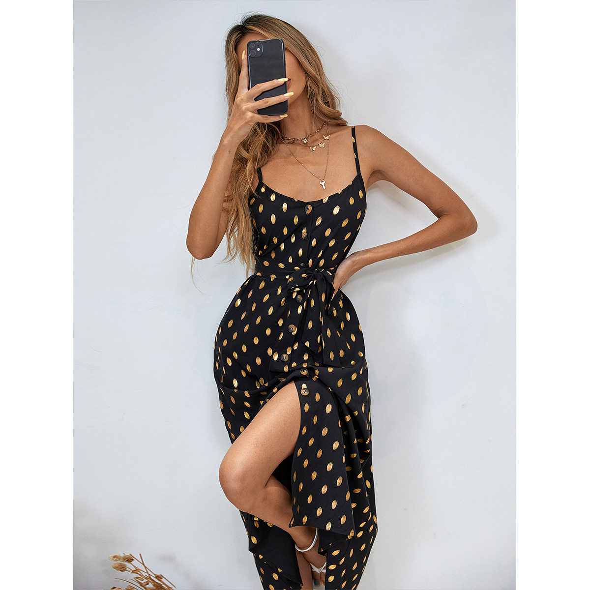 Sleeveless Polka Dot Chiffon Dress Sexy Split Design Fashionable Style Perfect for Parties and Summer Events