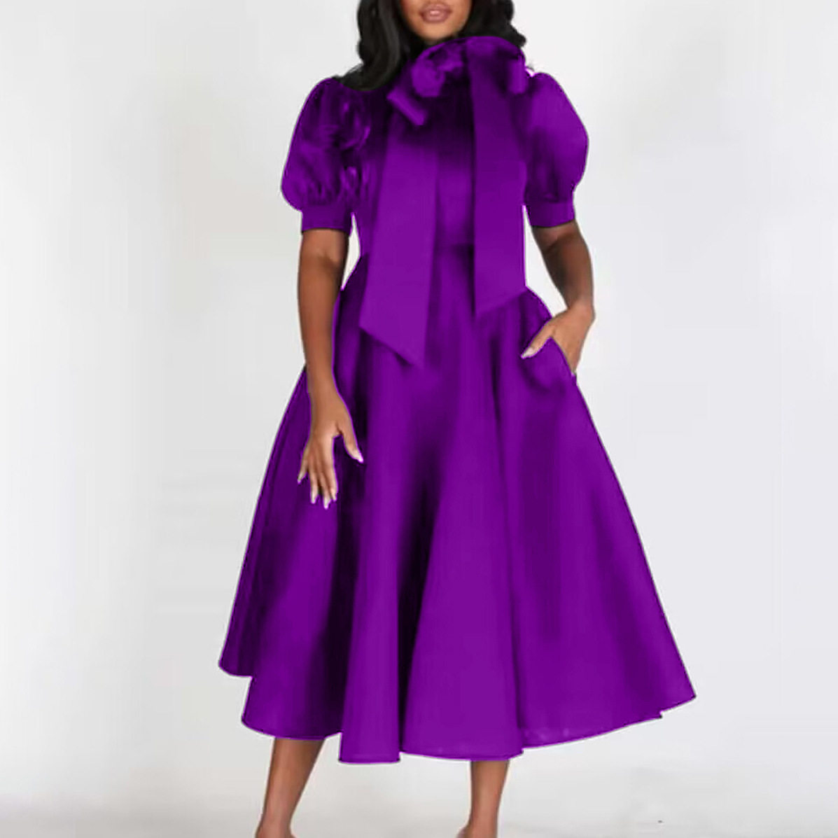 Elegant Puff Sleeve Solid Color Maxi Dress Waist Tie Flattering Fit Spring Summer Style Wholesale Available