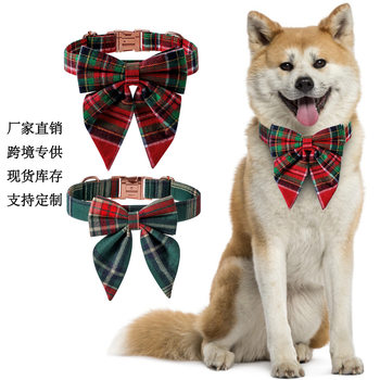 Manufacturer Wholesale Cross-Border Hot Selling Pet Collar British Style Christmas Plaid Rose Gold Buckle Collar Bow