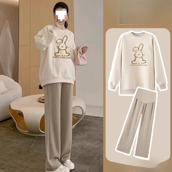 Maternity Suit Spring and Autum Loose Casual Fashionable Sweatshirt Top Belly Support Wide Leg Pants Outing Prenatal Check-Up Suit