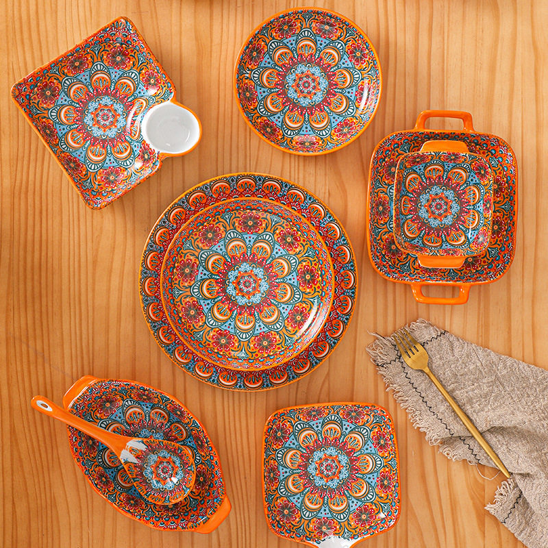 Gypsy Bowl plate suit household tableware orange ceramic bowl plate suit housewarming New Home Bowl set retro