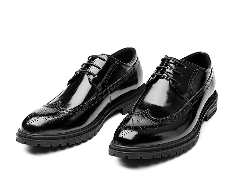 Giày Oxford nam da bò thật bề mặt bóng, đế cao su dày, kiểu brogue lịch lãm — Màu đen, Màu vàng nâu