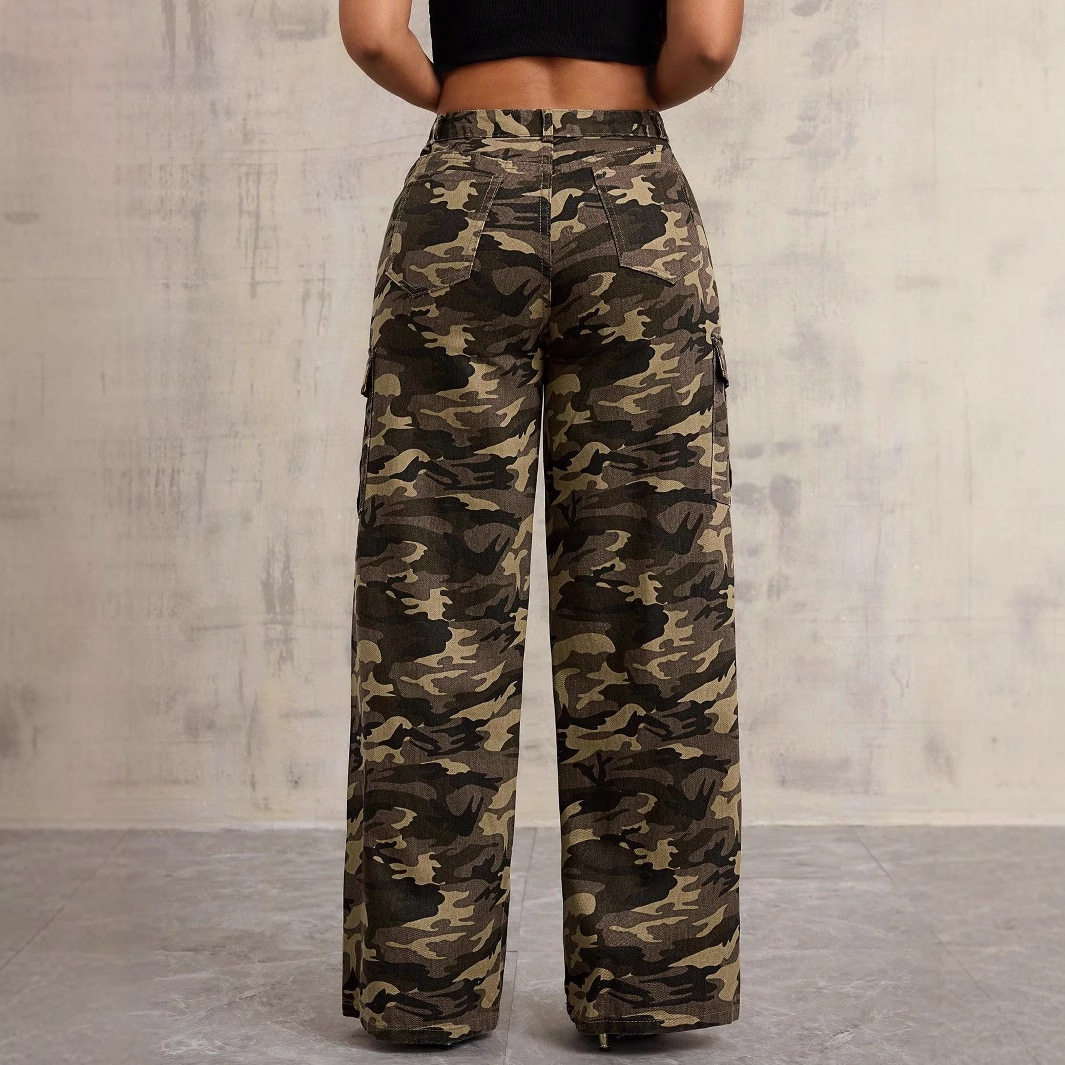 Camouflage Wide Leg Cargo Pants Casual Style Streetwear Trend Comfortable Fit Wholesale Available