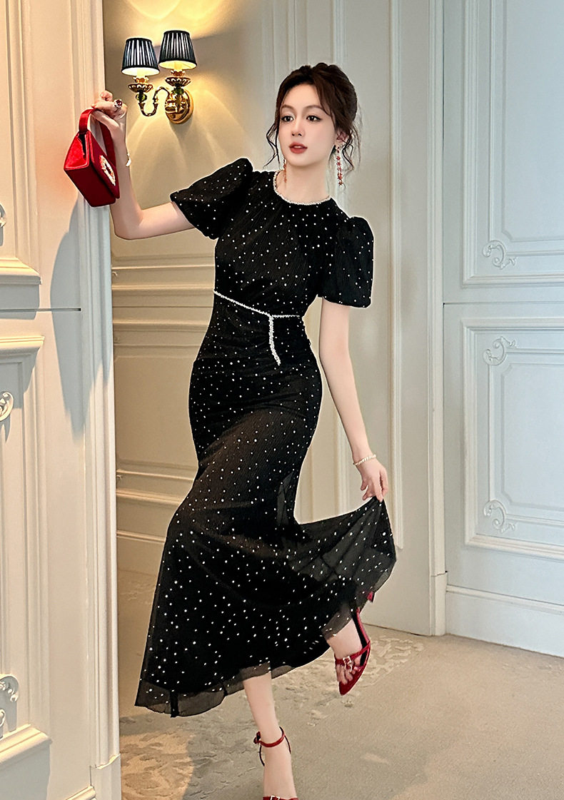 Đầm maxi nữ đuôi cá tay bồng cổ tròn cao eo — [Hồng], [Đen] chi tiết 18