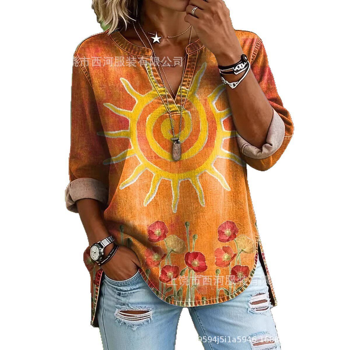 新款跨境独立站2026春季女装花卉印花V领休闲女装衬衫上衣复古