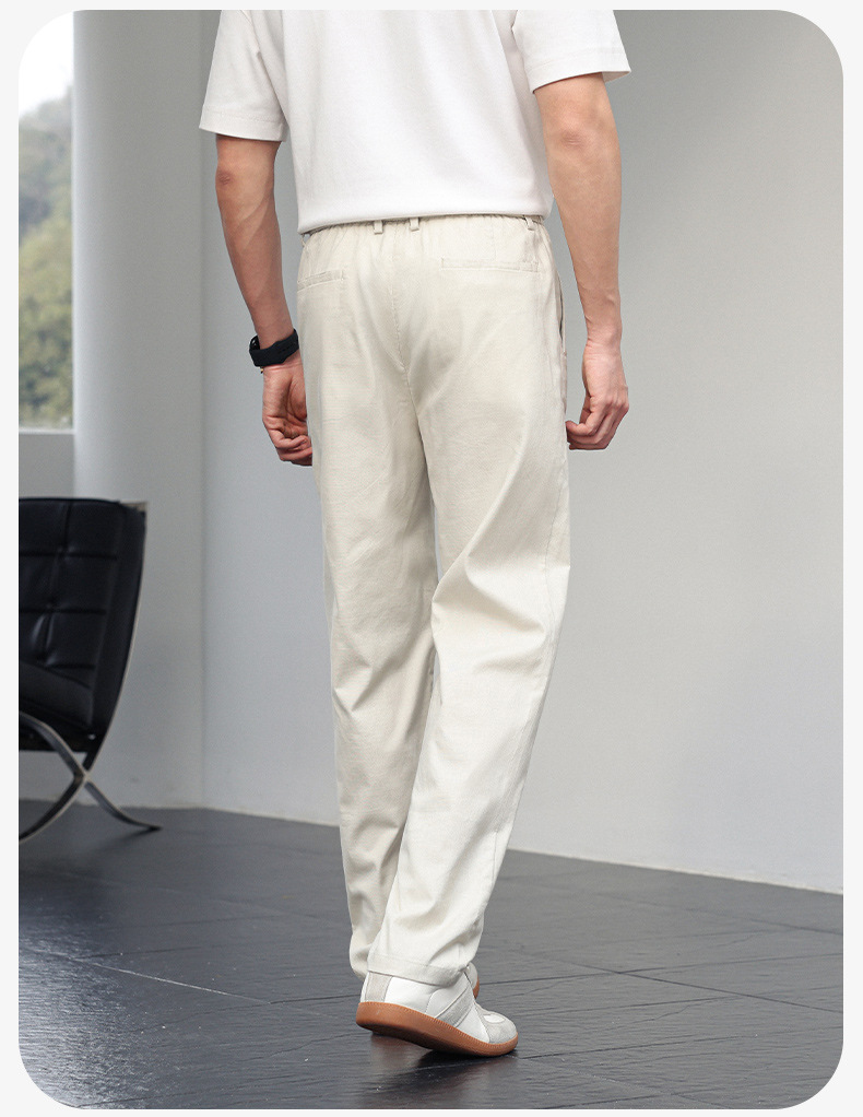 Quần dài nam vải tencel cotton lanh ống đứng co giãn lưng thun thoáng mát — màu đen, Xanh tím than, Màu trắng, Màu kaki