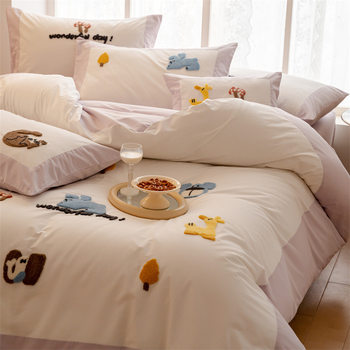 New class A cute girl heart ins style pure cotton four-piece cotton naked sleeping super soft bed sheet quilt cover bedding