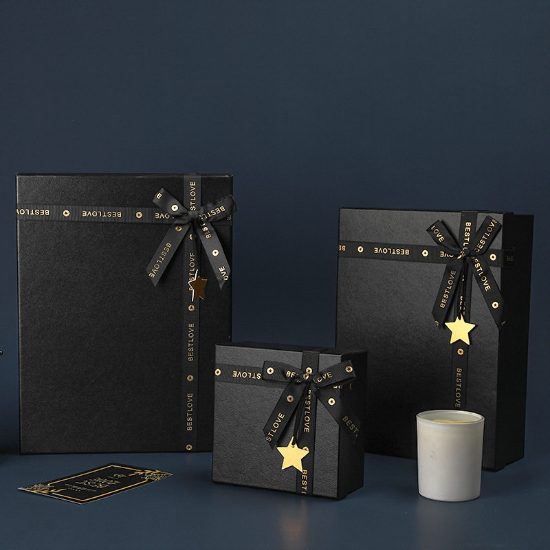 In stock business gift box cover leather pattern black bow packing box Valentine's Day gift box wholesale