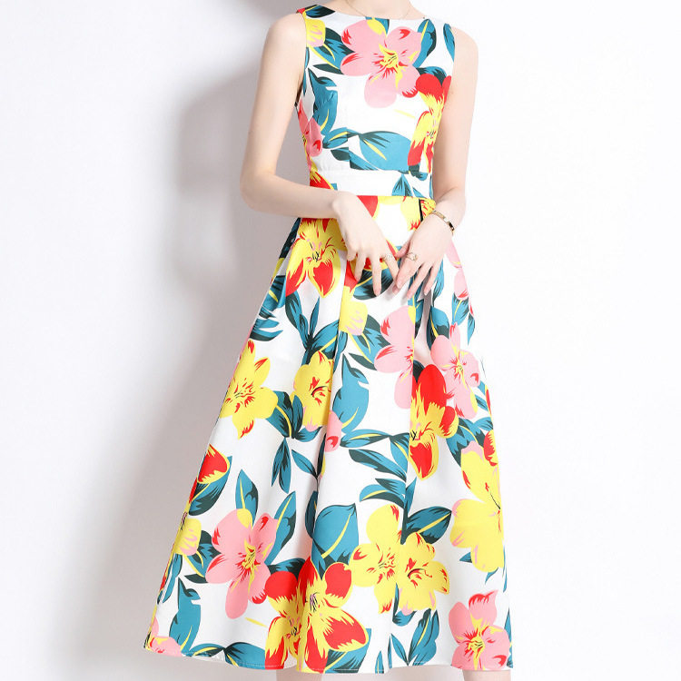 Vintage French Style Sleeveless A Line Dress Round Neck Waist Defining Floral Print Summer Casual Wear Wholesale