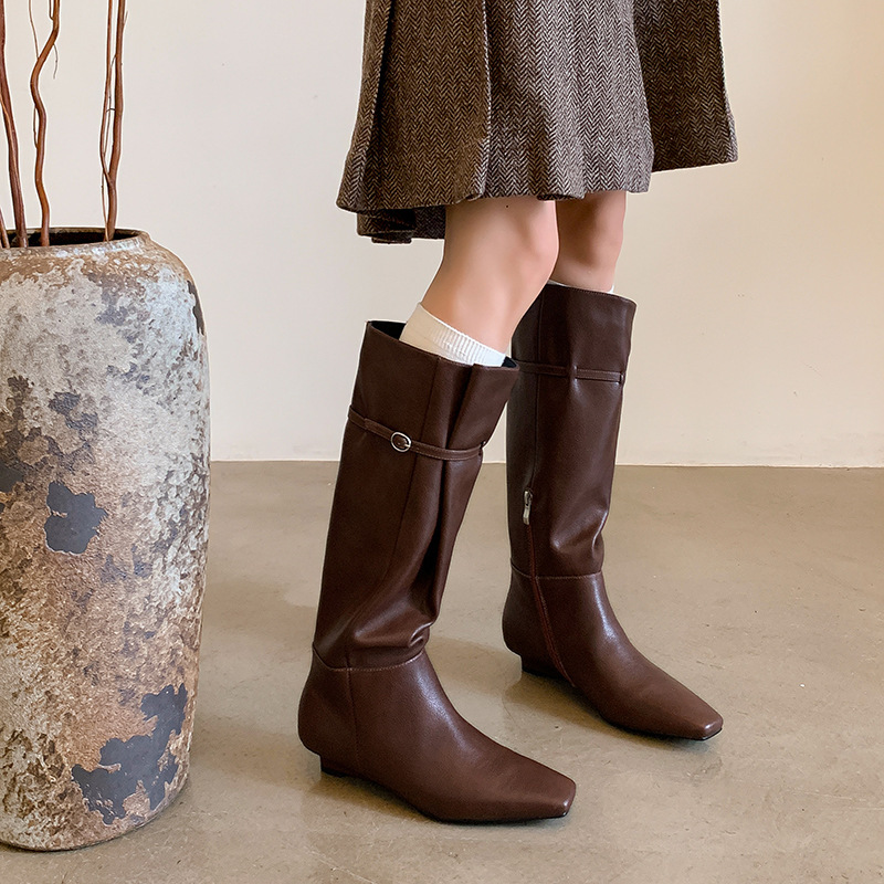 Boot nữ cổ cao mũi vuông gót xuồng da bò khóa kéo bên hông — Lớp lót đơn màu đen, Lớp lót đơn màu nâu, Lót nhung đen, cần đặt làm riêng., Lót nhung màu nâu, cần đặt làm riêng.