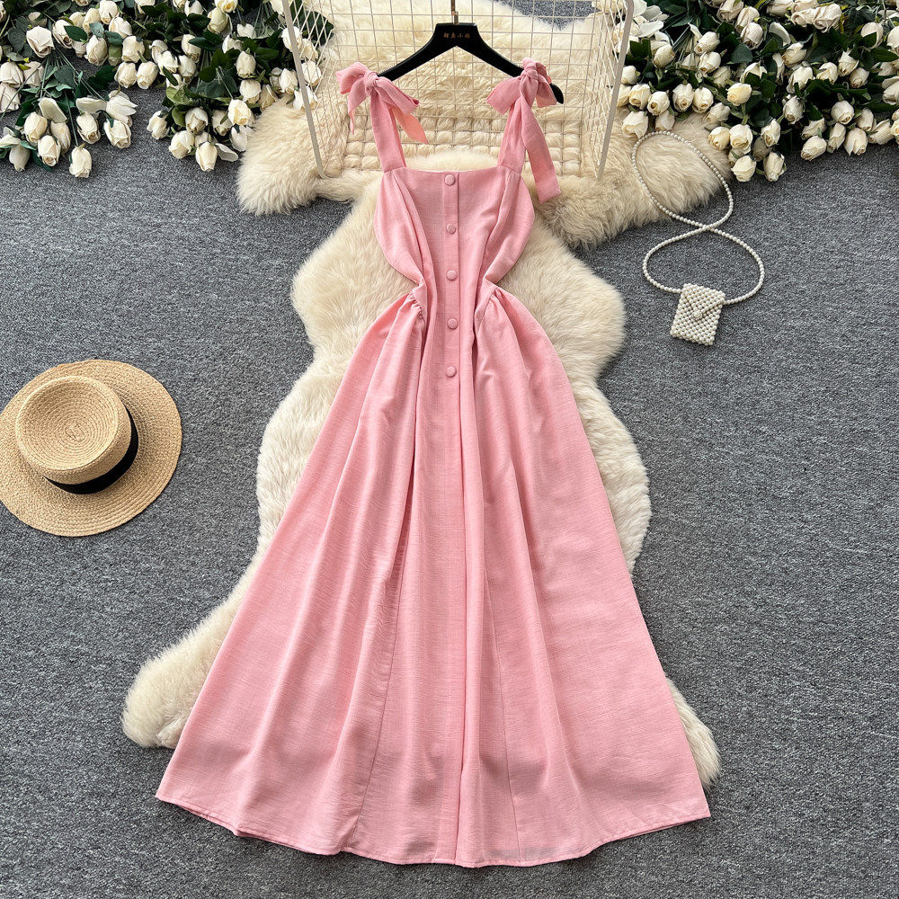 Pink Sleeveless Tie Front Dress Relaxed Fit High Waist A Line Silhouette Summer Vacation Casual Wear Wholesale