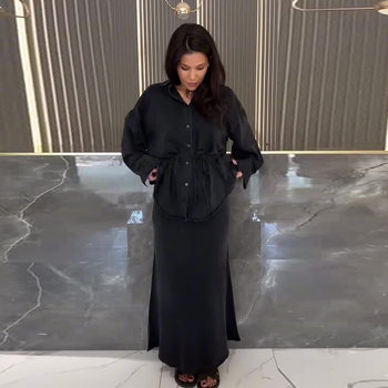 2025 Autumn New European and American Amazon Cross-Border Foreign Trade Women's Belt Waist Long Sleeve Denim Long Skirt Two-Piece Set