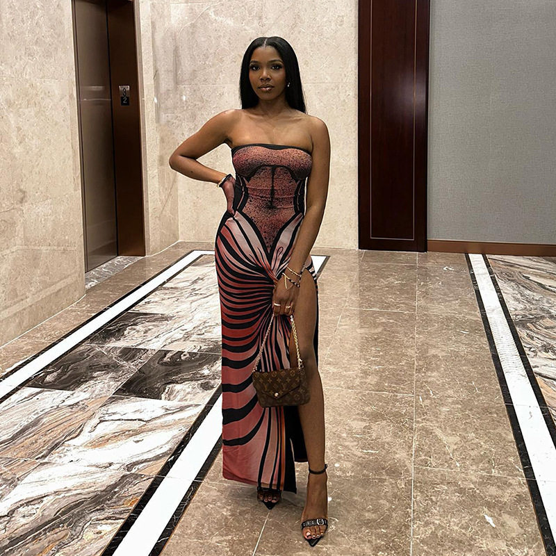 3D Printed Strapless Maxi Dress Spring Fashion High Slit Elegant Style Perfect for Parties and Events Wholesale